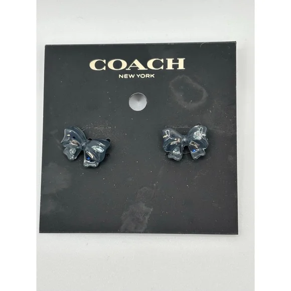 Coach Bow Stud Earrings Blue Crystal Silver Tone New - Picture 7 of 7